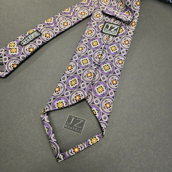 JZ Boulder X-Long Tie Purple Geometric Floral 64" x 3.5" All Silk Hand Made USA - Picture 5 of 7